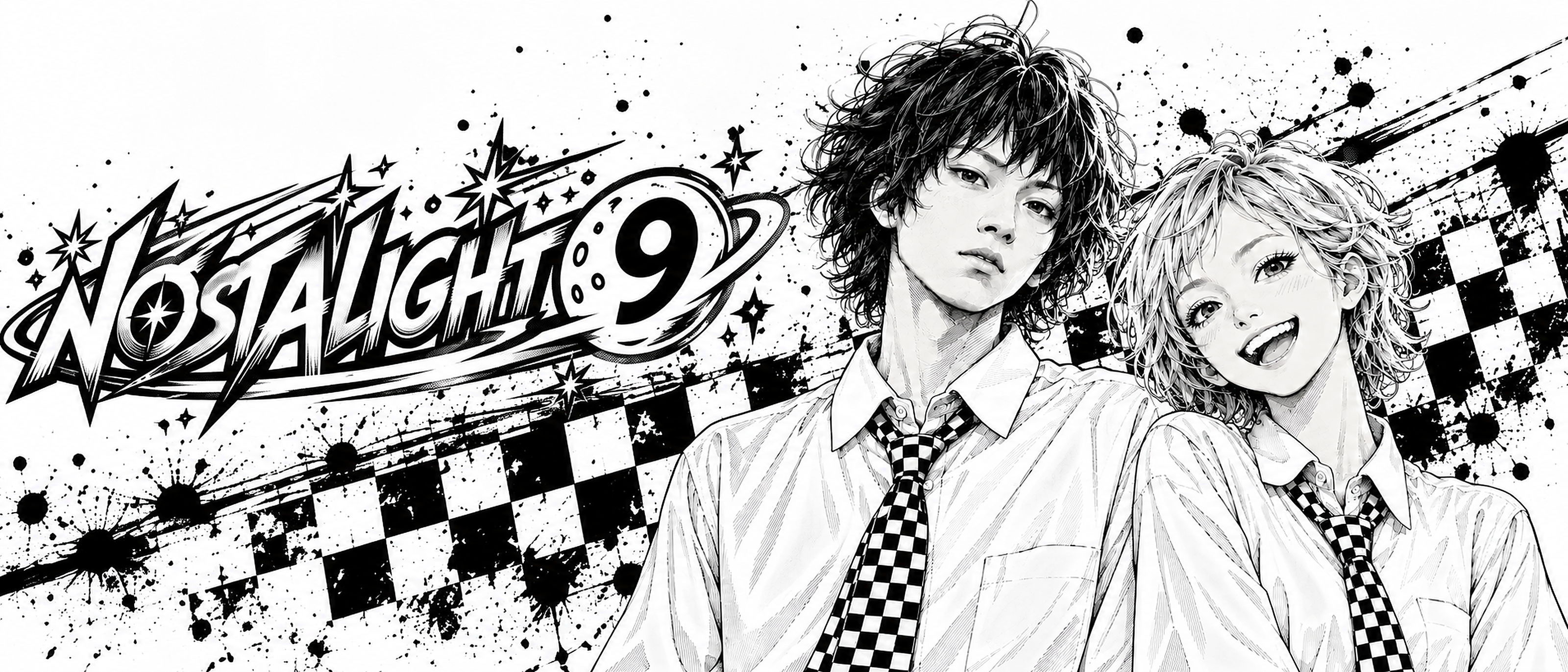 NOSTALIGHT9ロゴとYanagi & Sallyのモノクロ漫画イラスト